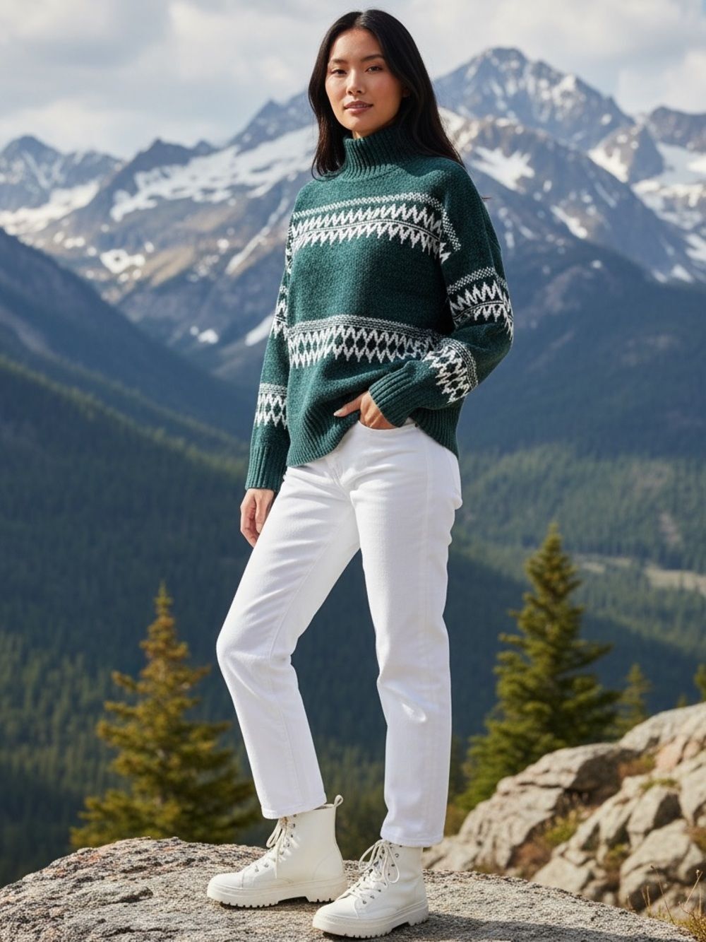 Fair Isle Soft Chenille Turtleneck Sweater - Pine Green - Christian Siriano - L